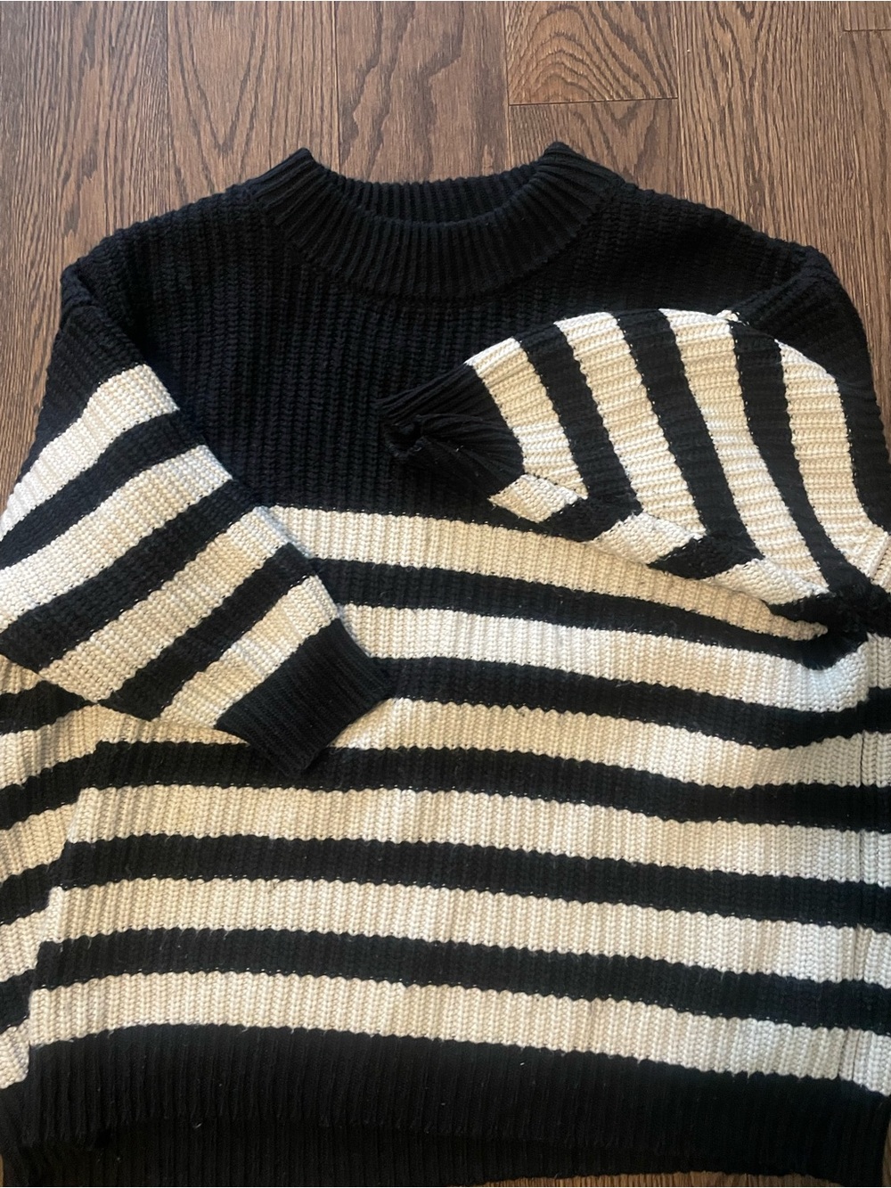 Zara Black & Cream Striped Ribbed Crewneck Sweater